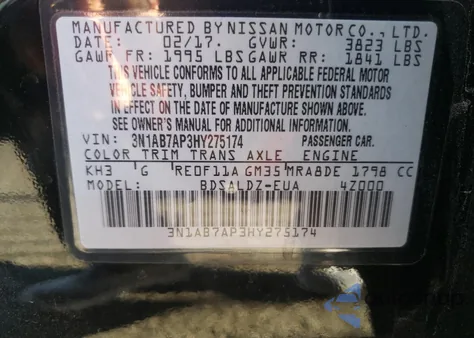 2017 Nissan Sentra S z USA, uszkodzony, nr VIN 3N1AB7AP3HY275174